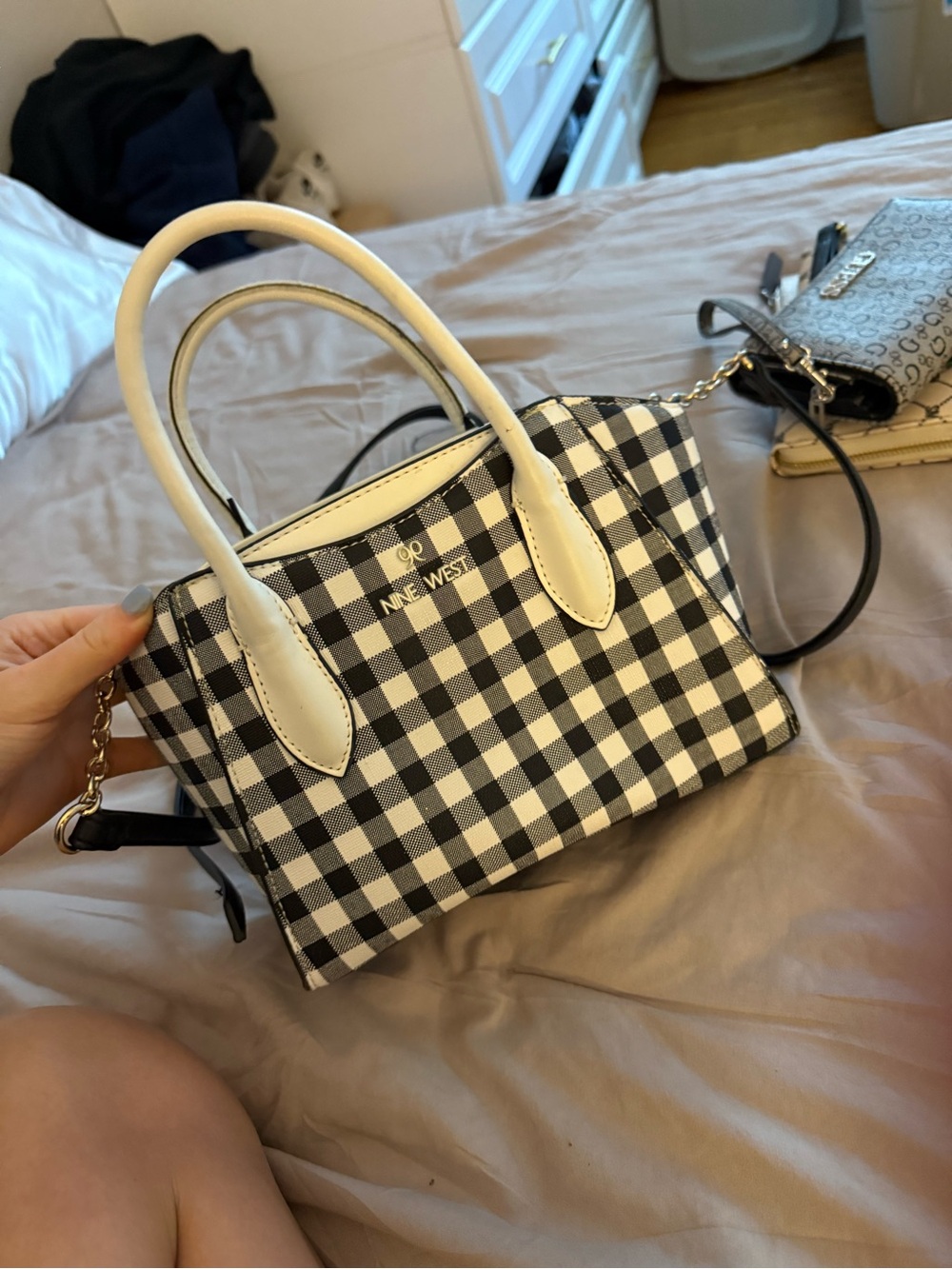 Nine West Black & White Gingham Satchel with Cream Handles